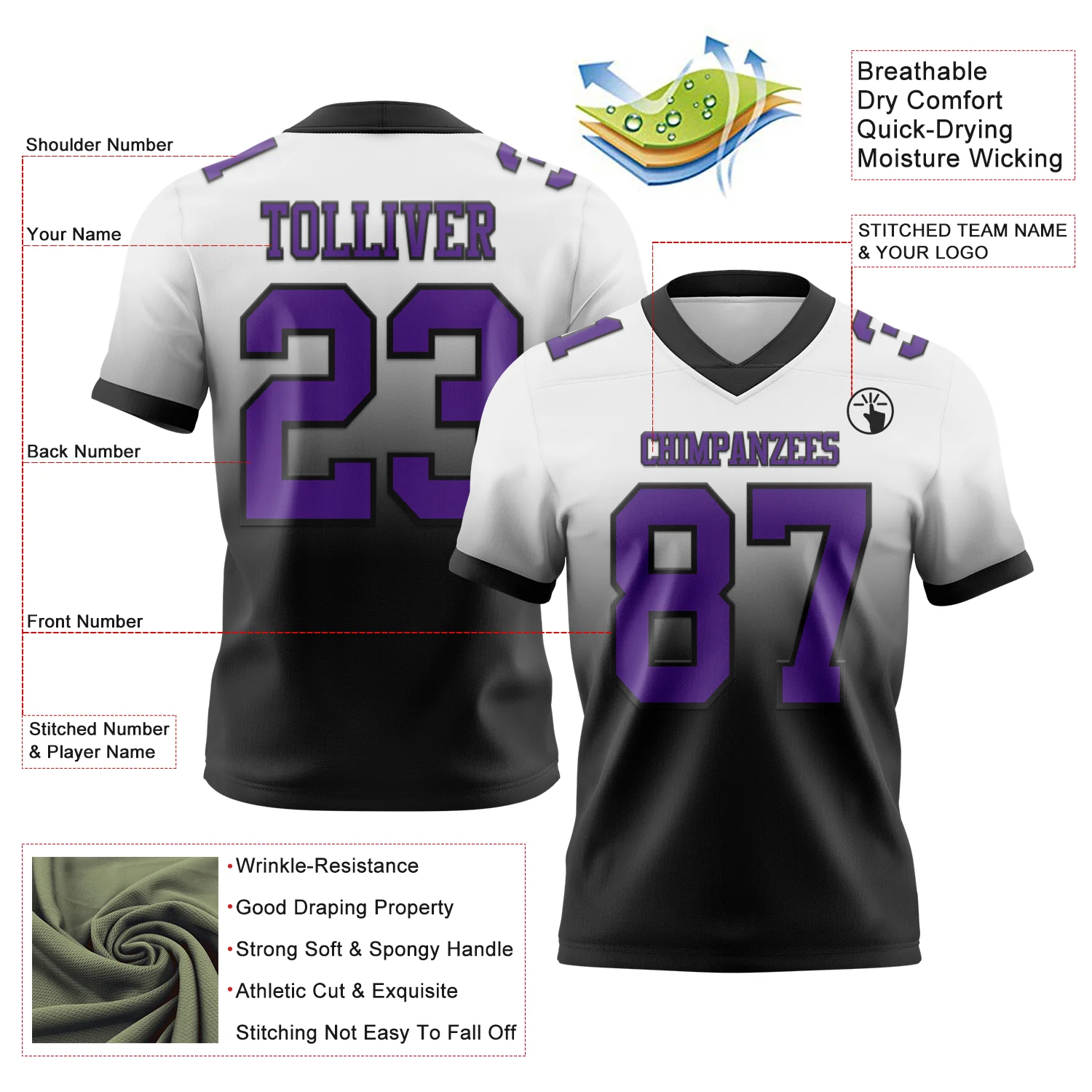 Custom White Purple-Black Authentic Fade Fashion Football Jersey