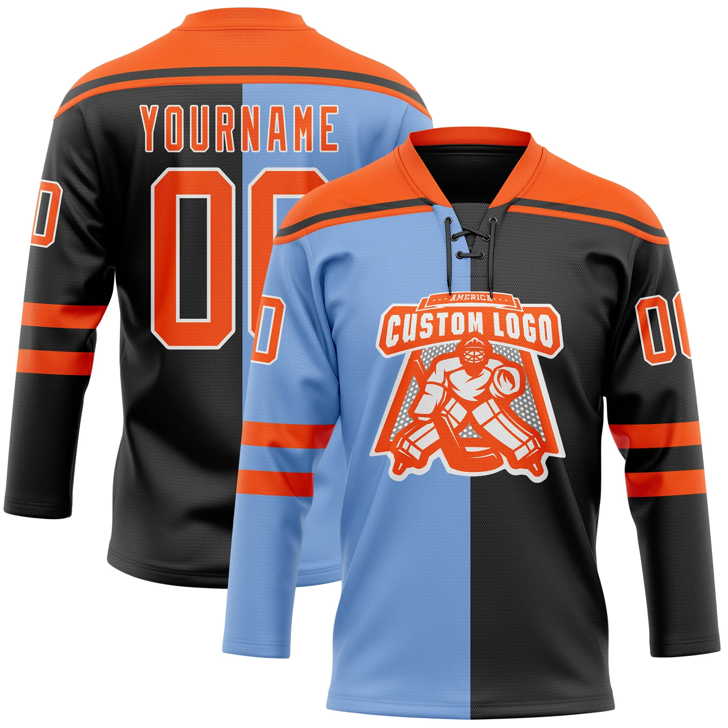 Custom Black Orange Powder Blue-White Split Fashion Hockey Lace Neck Jersey