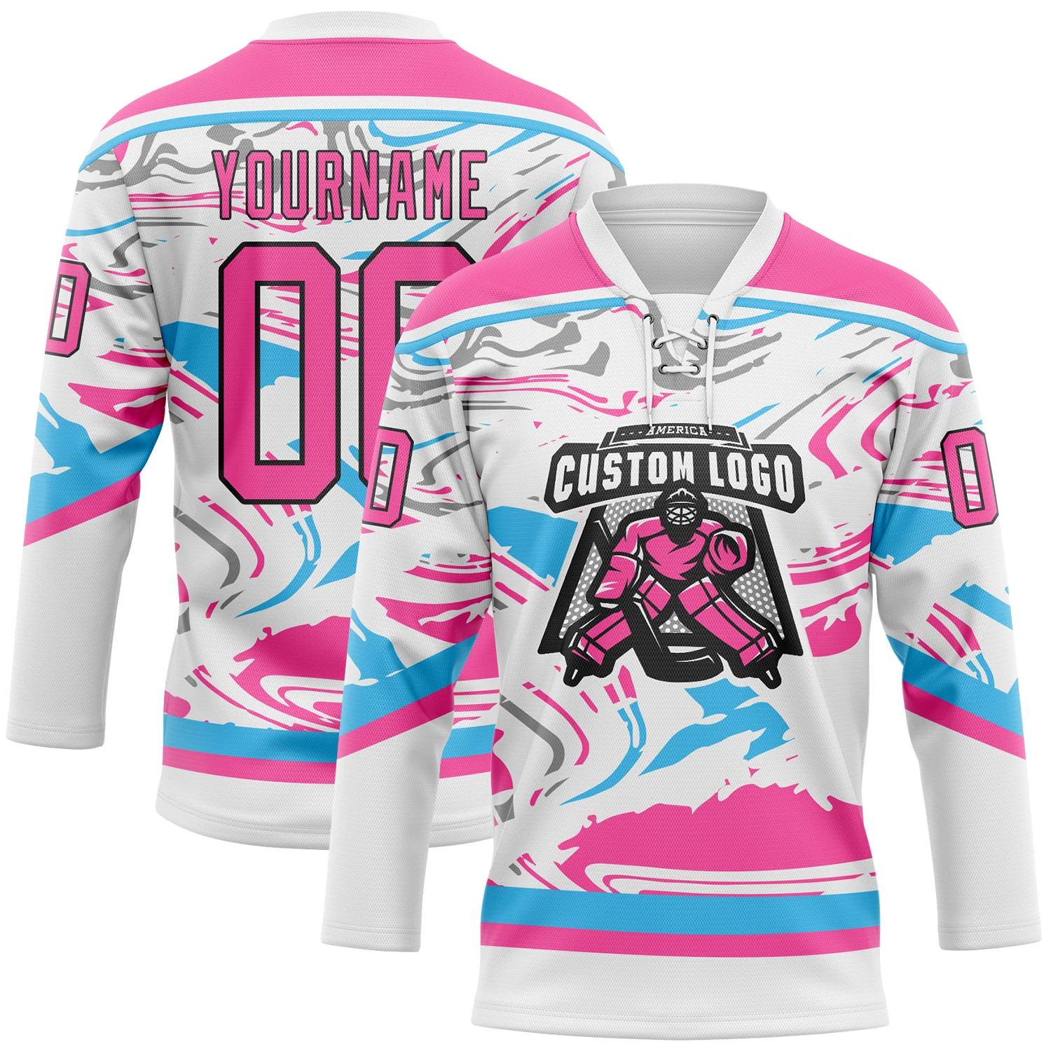 Custom Figure Pink White Sky Blue-Black 3D Pattern Fluid Art Hockey Lace Neck Jersey