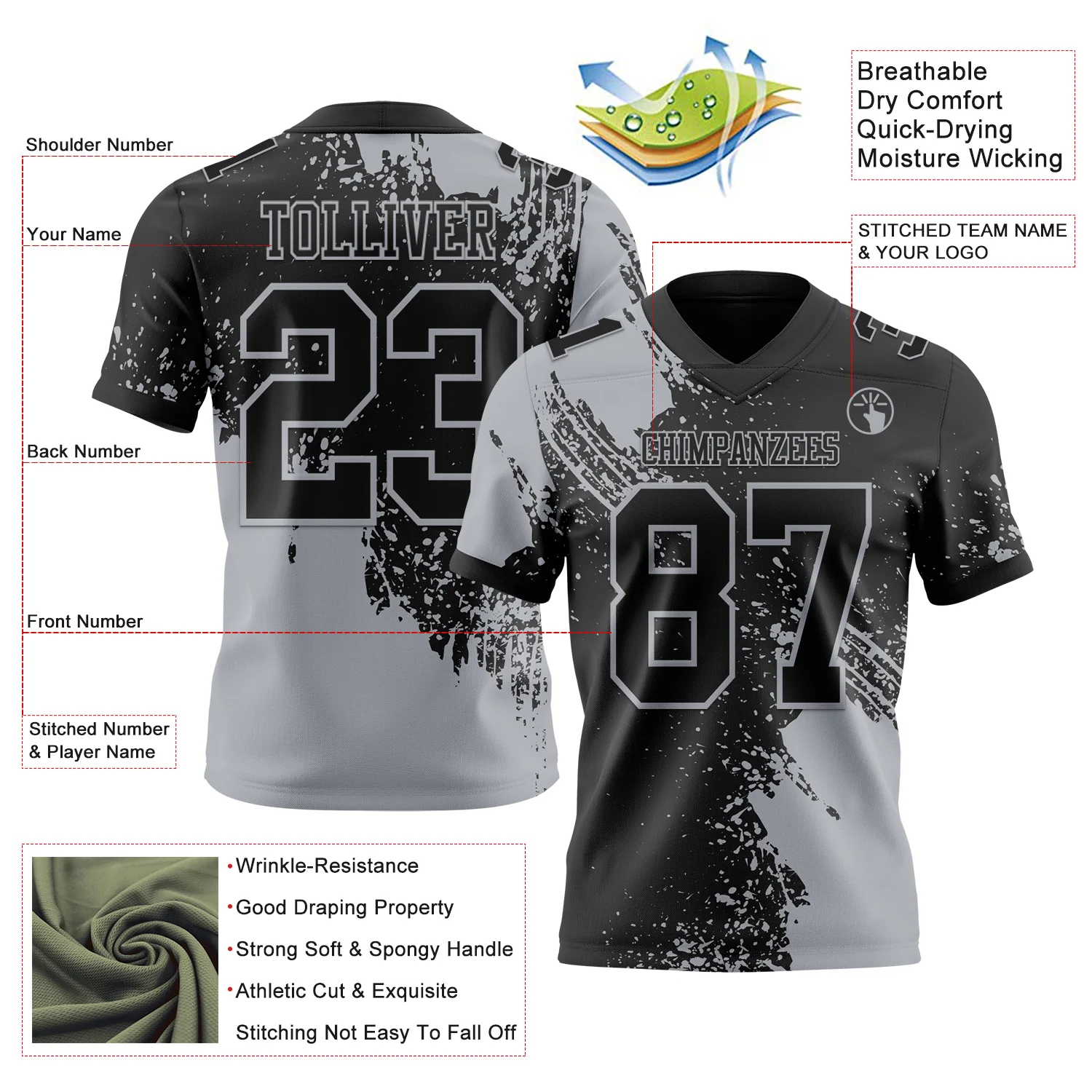 Custom Black Gray 3D Pattern Abstract Brush Stroke Authentic Football Jersey