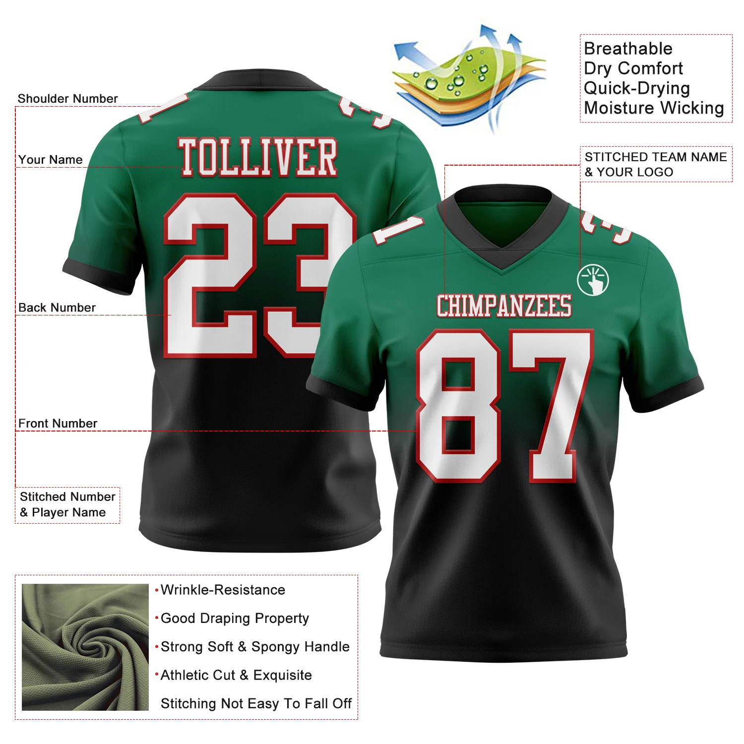Custom Kelly Green White Black-Red Authentic Fade Fashion Football Jersey