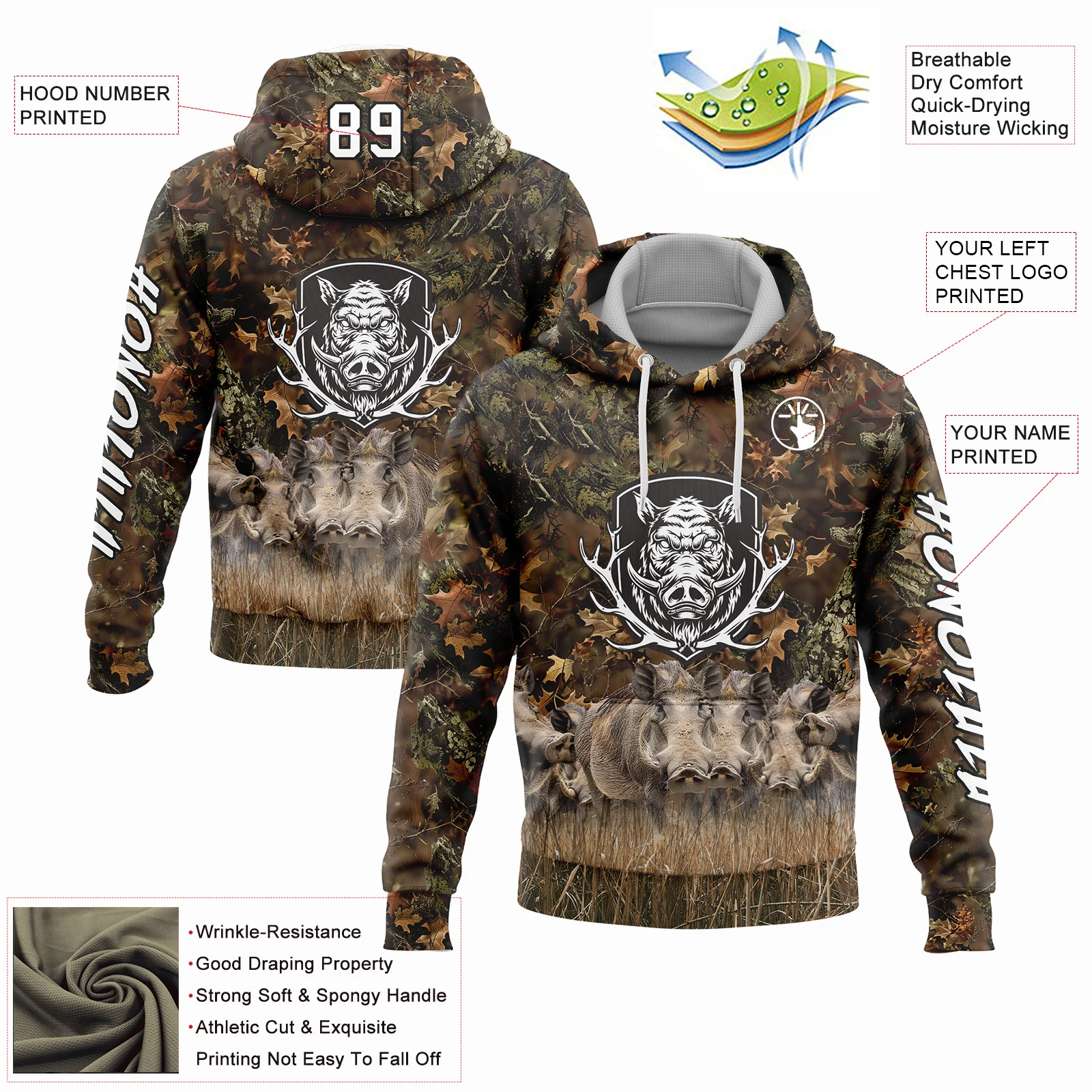 Custom Camo White-Black 3D Wild Boar Hunting Sports Pullover Sweatshirt Hoodie