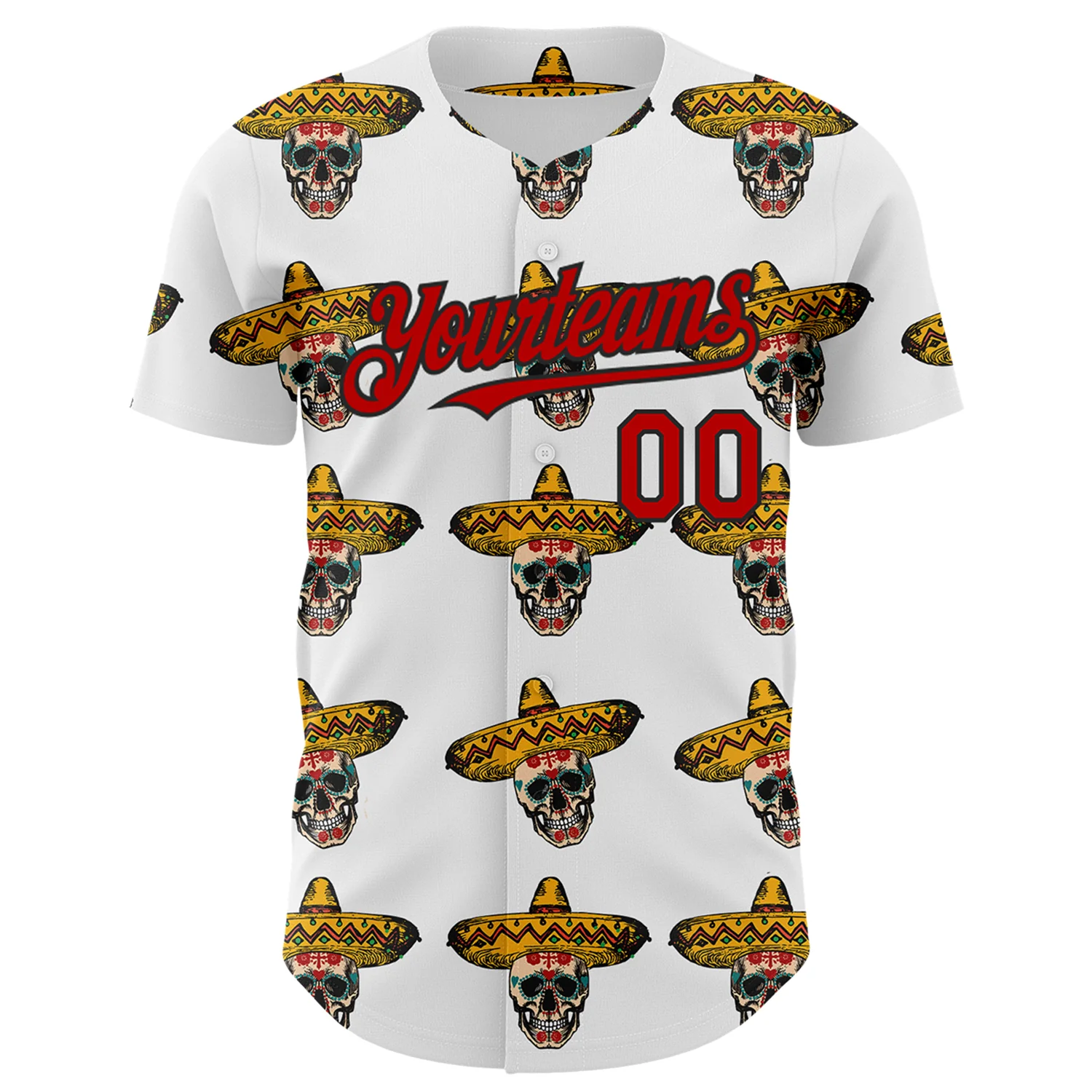 Custom White Red-Black 3D Mexican Festival Skull With Sombrero Cinco de Mayo Authentic Baseball Jersey