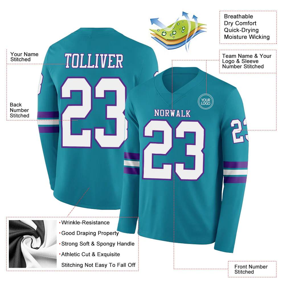 Custom Teal White-Purple Long Sleeve Authentic Football Jersey