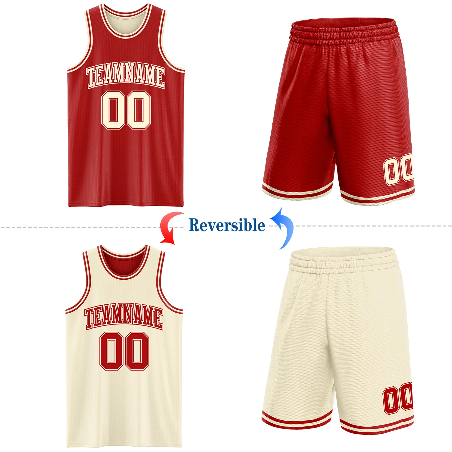 Custom Reversible Red Cream Double Side Sublimation Basketball Suit Jersey