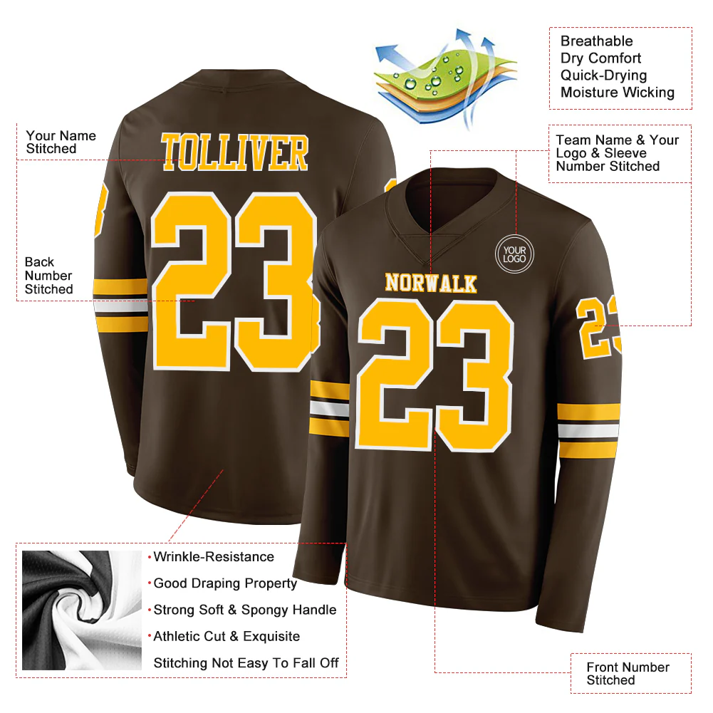 Custom Brown Gold-White Long Sleeve Authentic Football Jersey