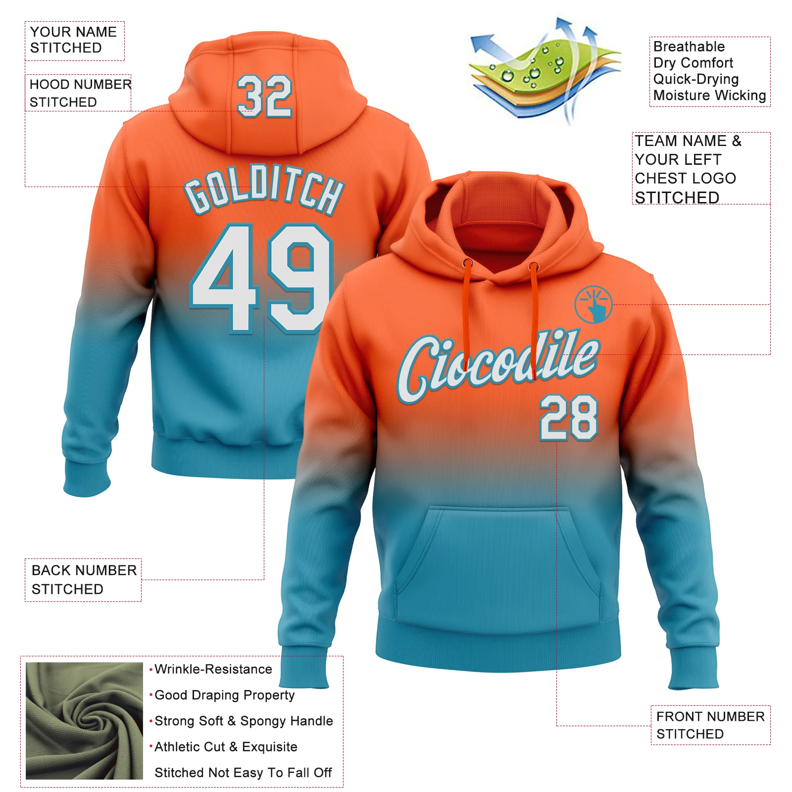 Custom Stitched Orange White-Panther Blue Fade Fashion Sports Pullover Sweatshirt Hoodie