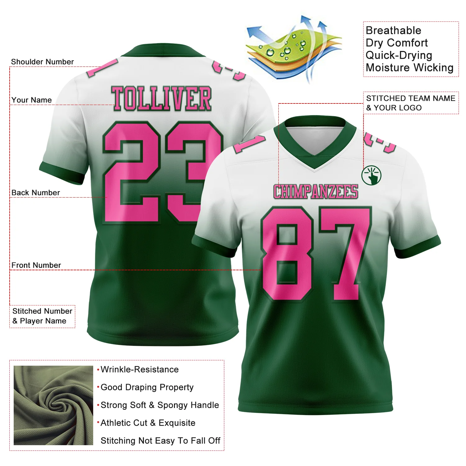 Custom White Pink-Green Authentic Fade Fashion Football Jersey