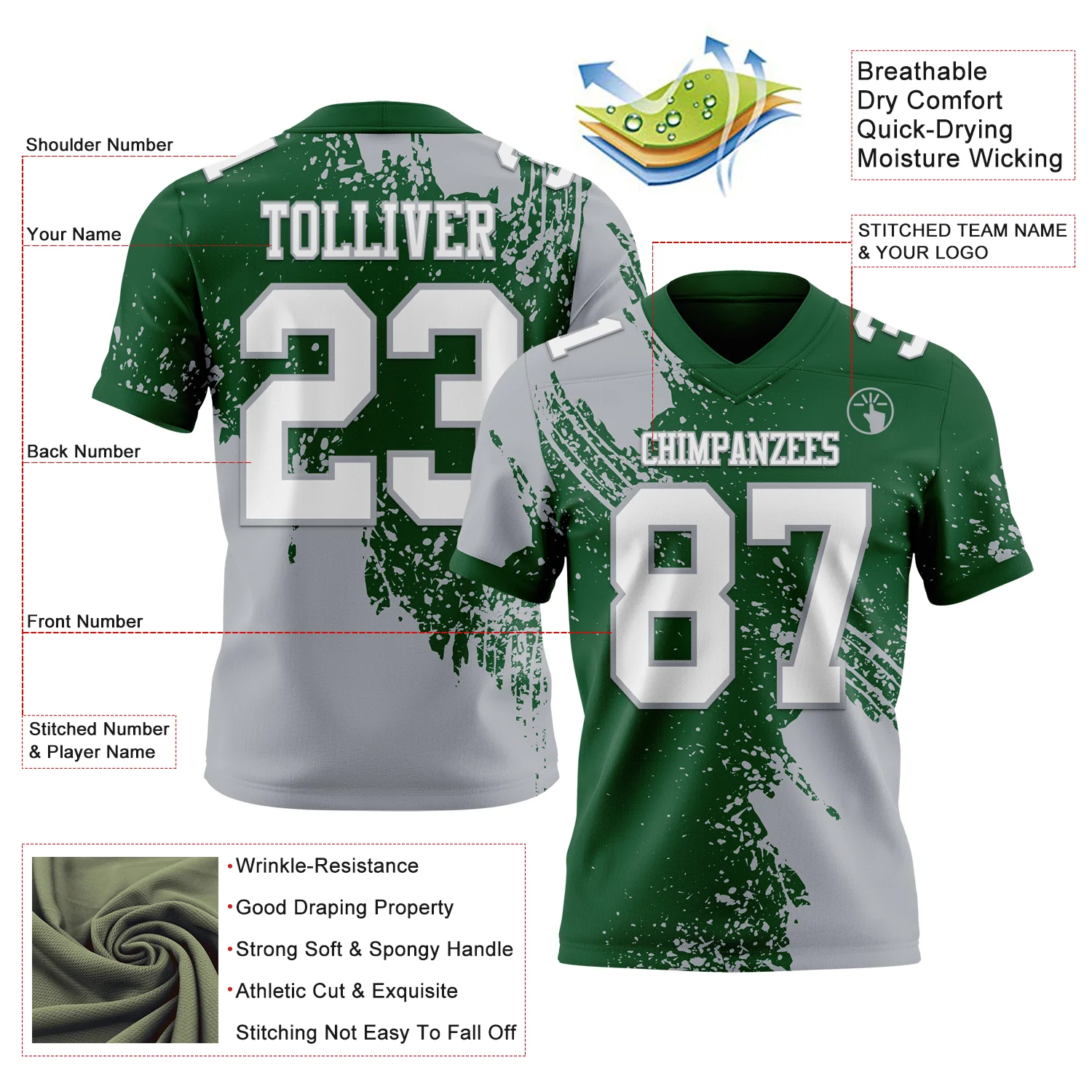 Custom Green White-Gray 3D Pattern Abstract Brush Stroke Authentic Football Jersey