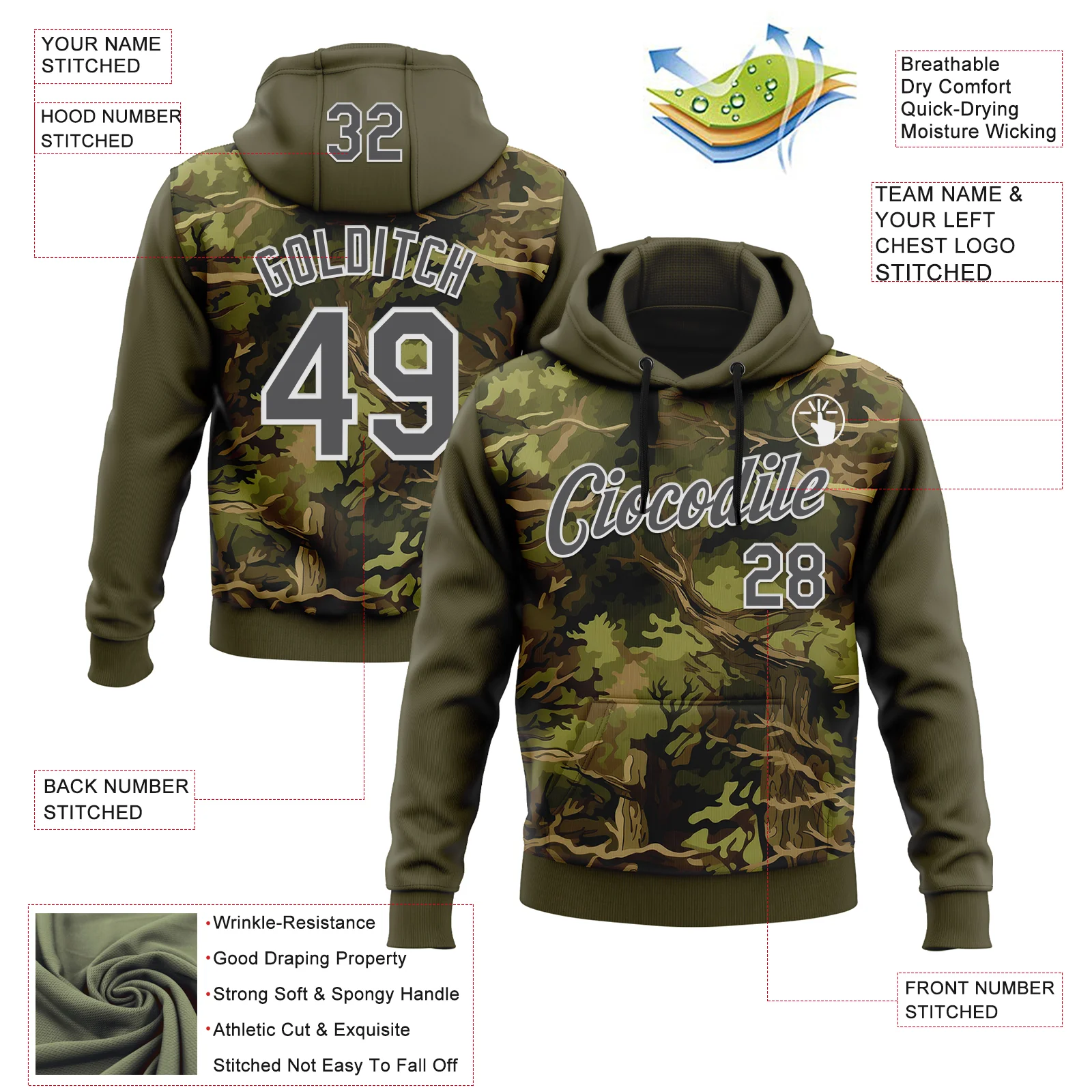 Custom Stitched Olive Steel Gray-White 3D Pattern Design Tree Camo Hunting Sports Pullover Sweatshirt Salute To Service Hoodie
