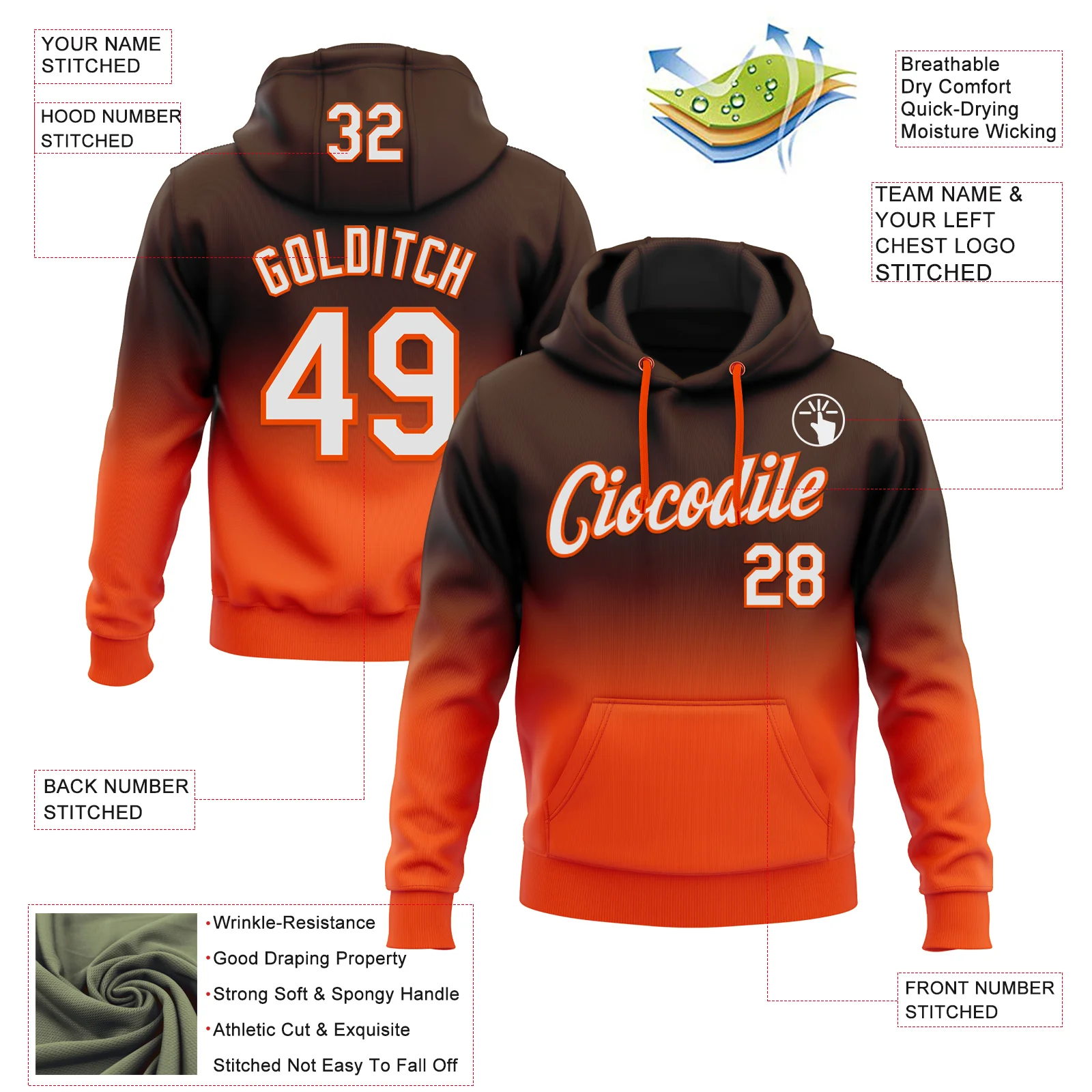 Custom Stitched Brown White-Orange Fade Fashion Sports Pullover Sweatshirt Hoodie