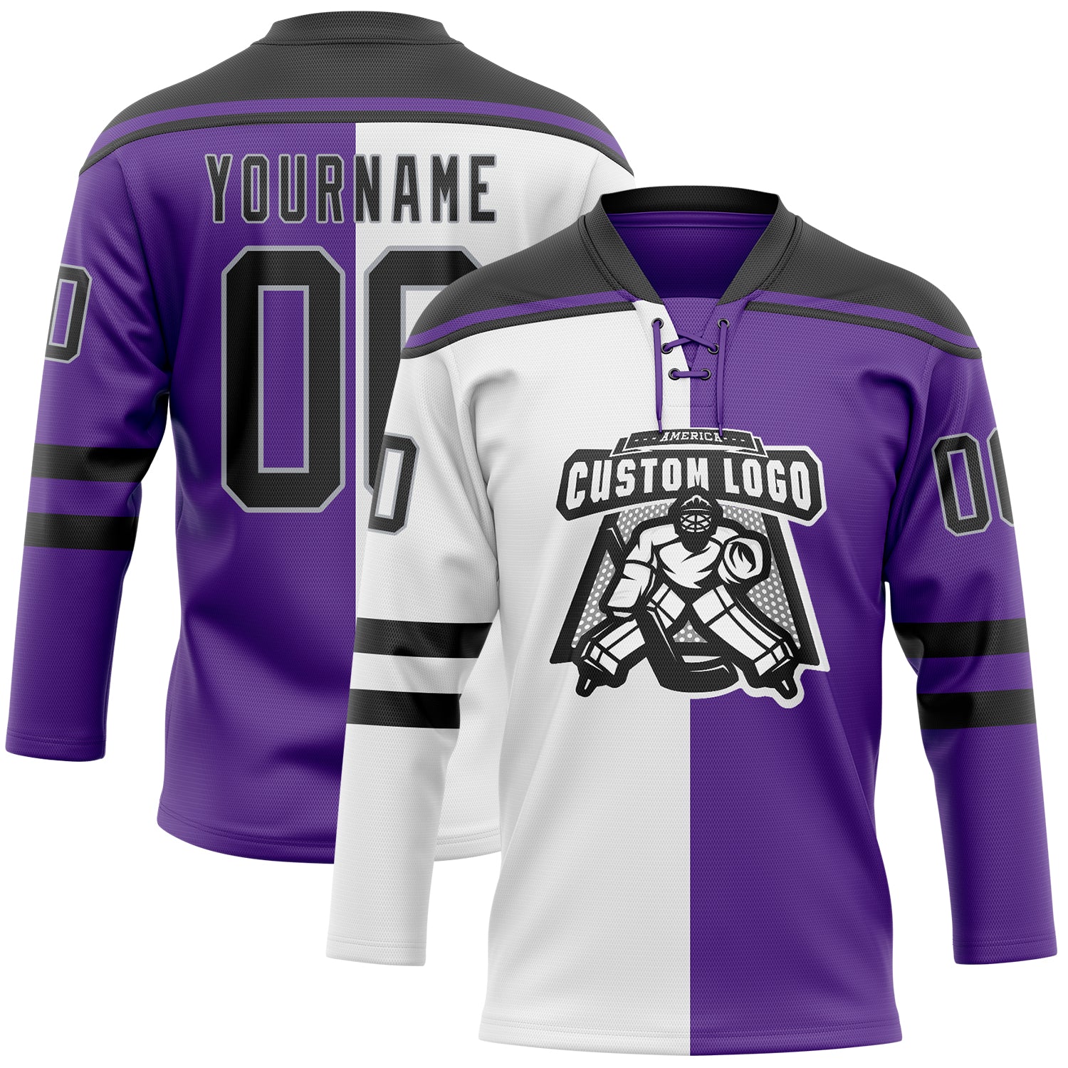 Custom Purple Black Gray-White Split Fashion Hockey Lace Neck Jersey