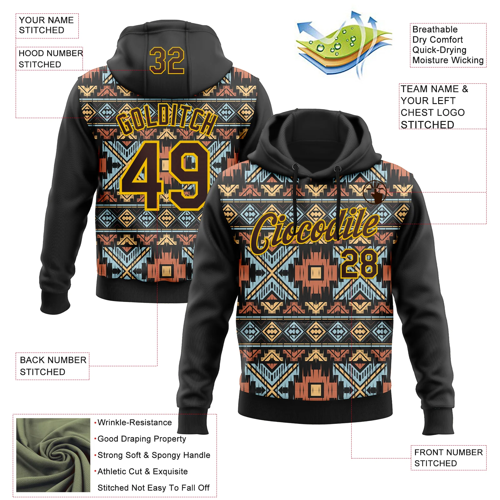 Custom Stitched Black Brown-Yellow 3D Pattern Design Tribal Ethnic Native American Sports Pullover Sweatshirt Hoodie