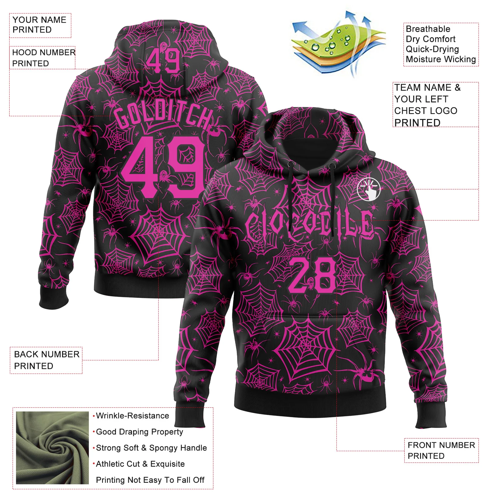 Custom Black Deep Pink 3D Halloween Spider Net Doodle Party Costume Ideas Sports Pullover Sweatshirt Hoodie