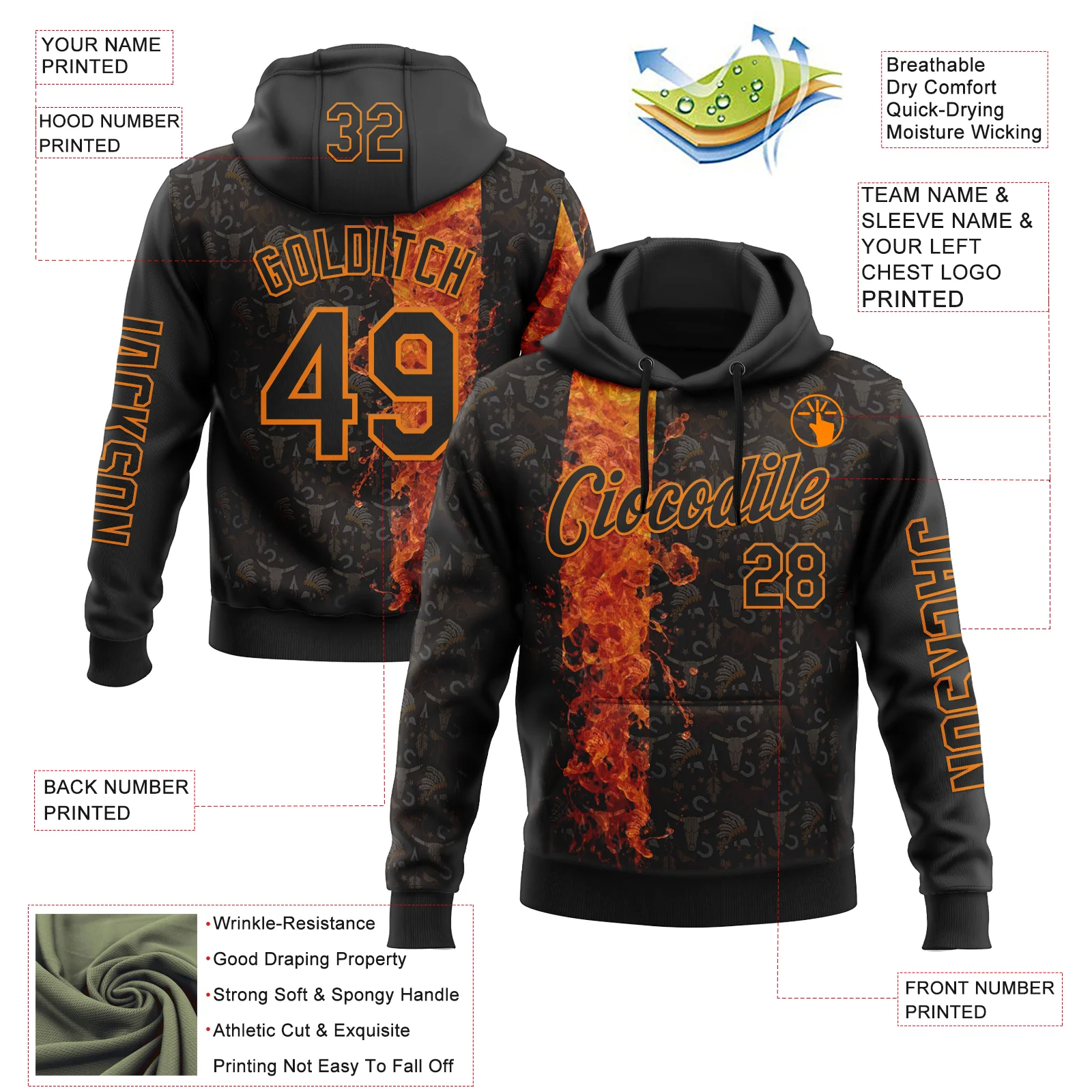 Custom Black Bay Orange 3D Pattern Design Ethnic Tribal Sportswear Pullover Sweatshirt Hoodie