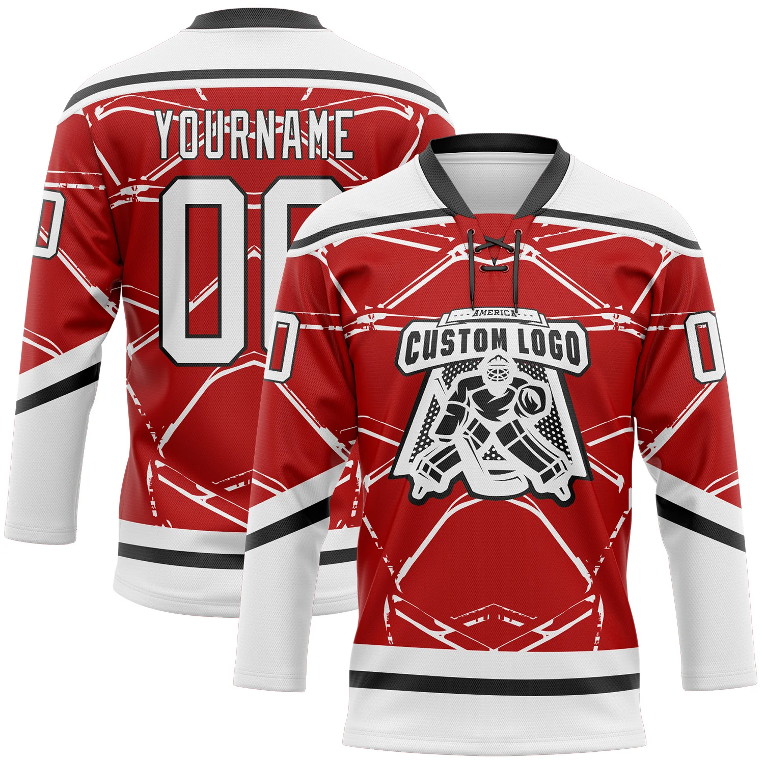 Custom Red White-Black 3D Pattern Abstract Detroit Inspired Line Hockey Lace Neck Jersey