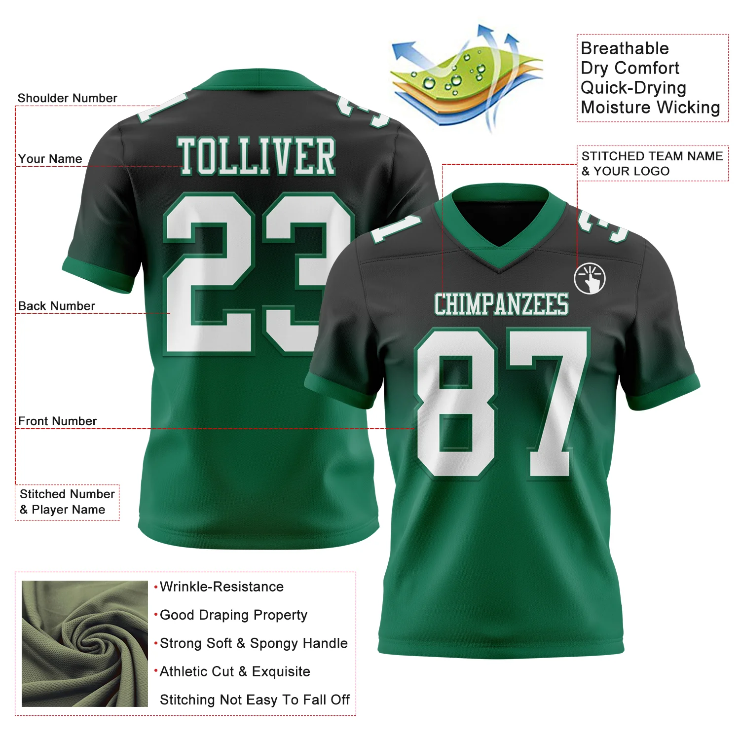 Custom Black White-Kelly Green Authentic Fade Fashion Football Jersey