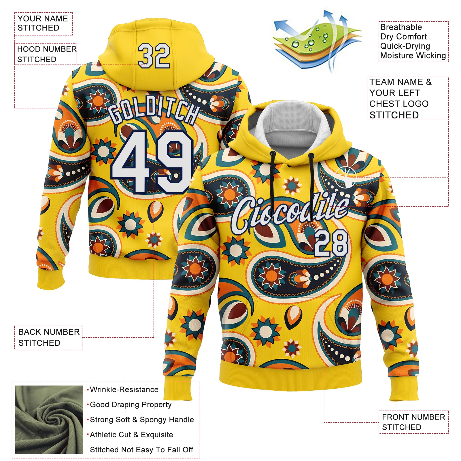 Custom Stitched Yellow White-Navy 3D Pattern Design Ethnic Paisley Floral Bandana Sports Pullover Sweatshirt Hoodie