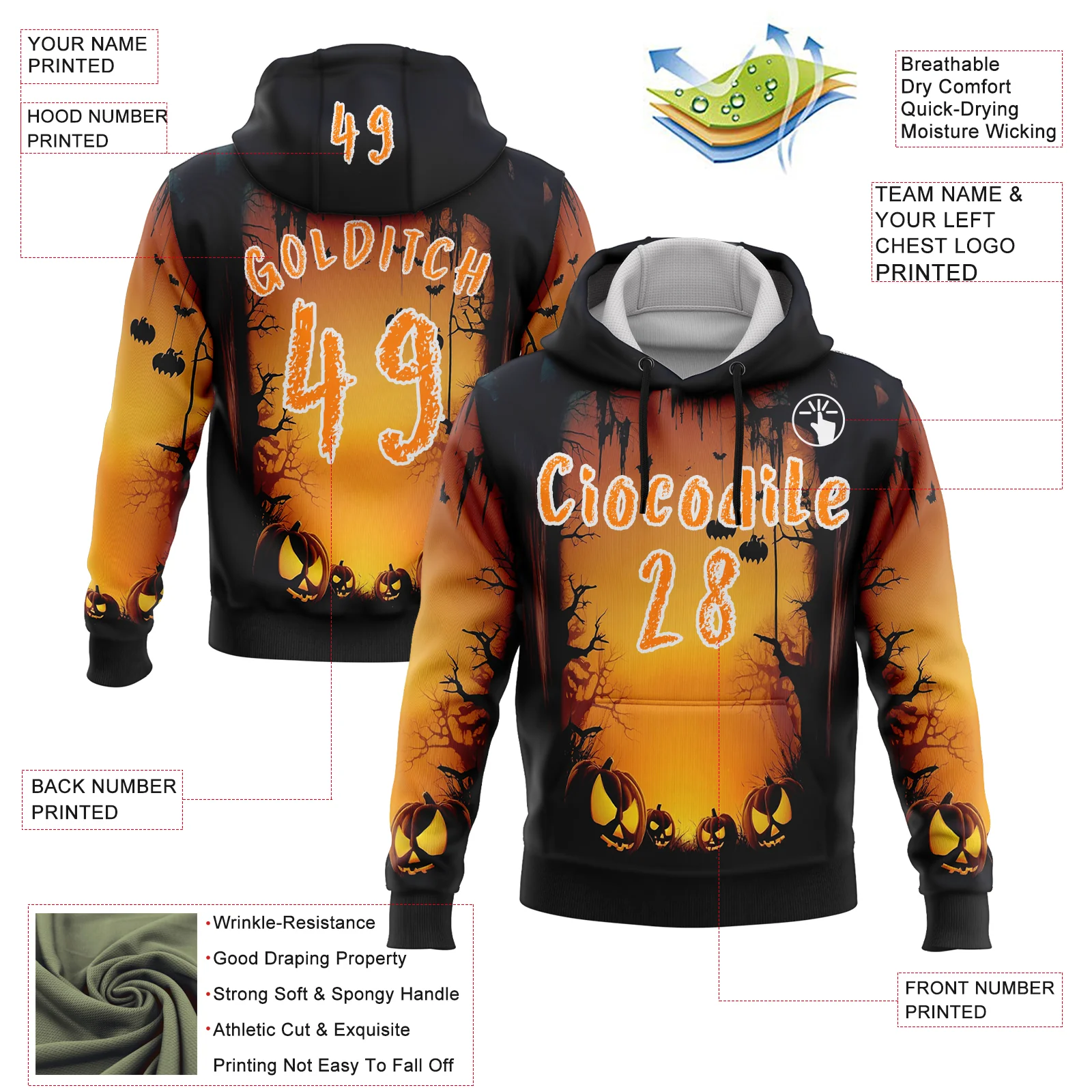 Custom Black Bay Orange Yellow-White 3D Halloween Pumpkin Spooky Sports Pullover Sweatshirt Hoodie