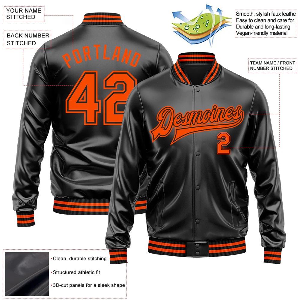 Custom Black Orange-Black Bomber Full-Snap Varsity Faux Leather Letterman Jacket