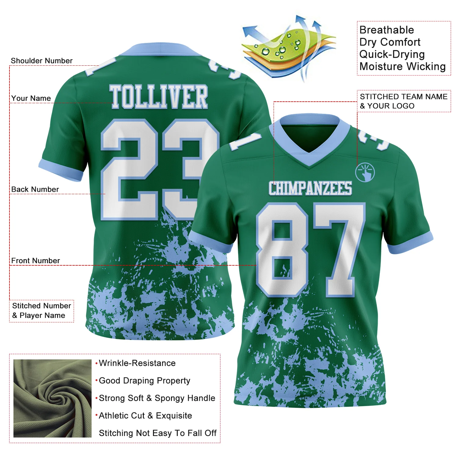 Custom Kelly Green White-Light Blue 3D Pattern Splash Authentic Football Jersey