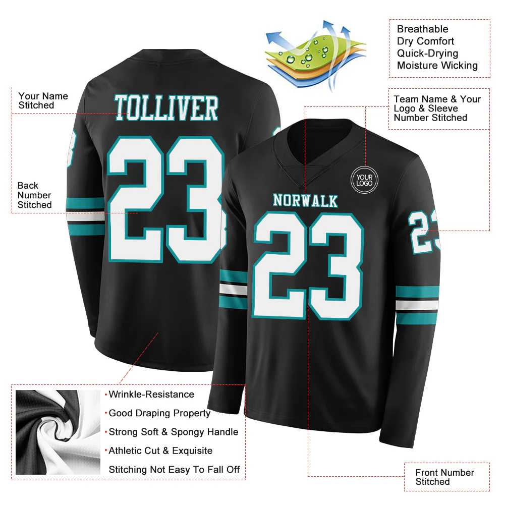 Custom Black White-Teal Long Sleeve Authentic Football Jersey