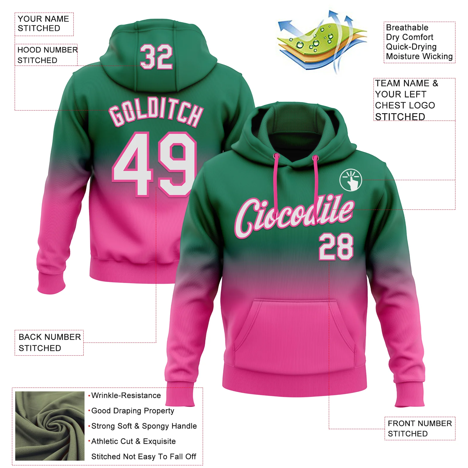 Custom Stitched Kelly Green White-Pink Fade Fashion Sports Pullover Sweatshirt Hoodie
