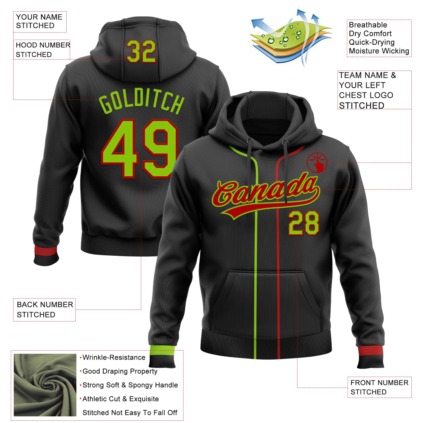 Custom Stitched Black Neon Green-Red Baseball Pullover Sweatshirt Hoodie