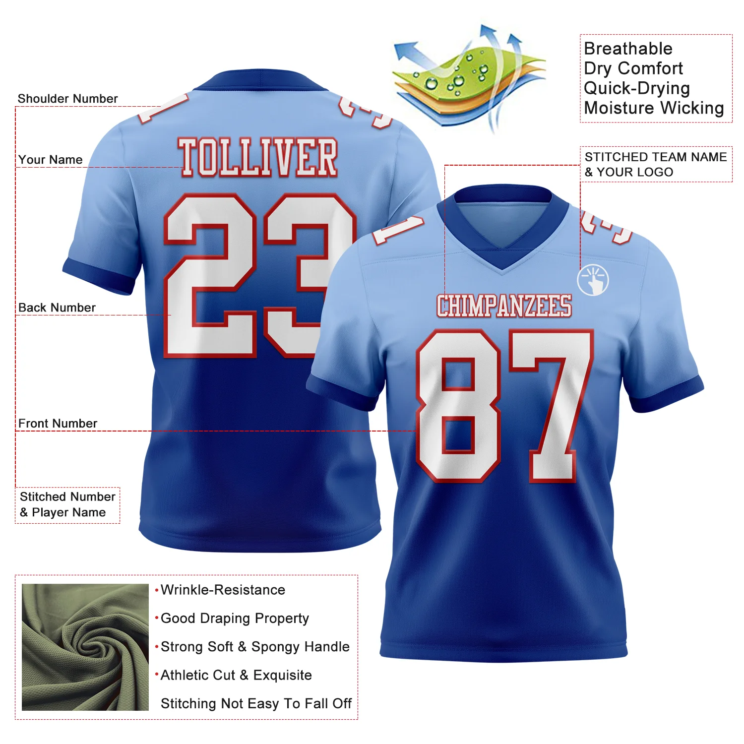 Custom Light Blue White Royal-Red Authentic Fade Fashion Football Jersey
