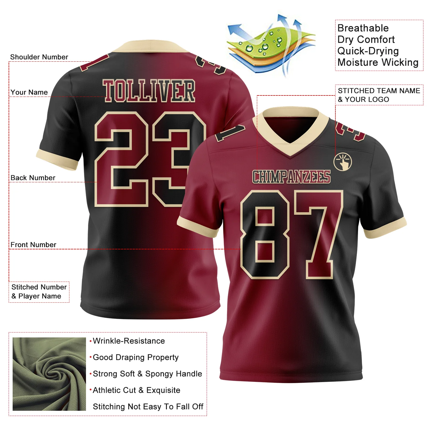 Custom Black Crimson-Cream Authentic Gradient Fashion Football Jersey