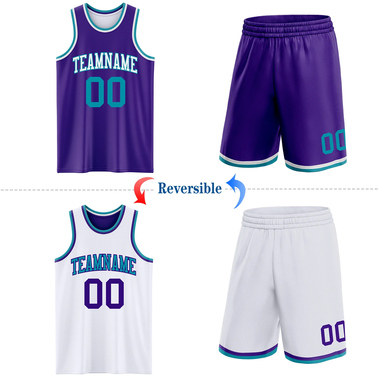 Custom Purple Teal-White Reversible Double Side Sublimation Basketball Suit Jersey