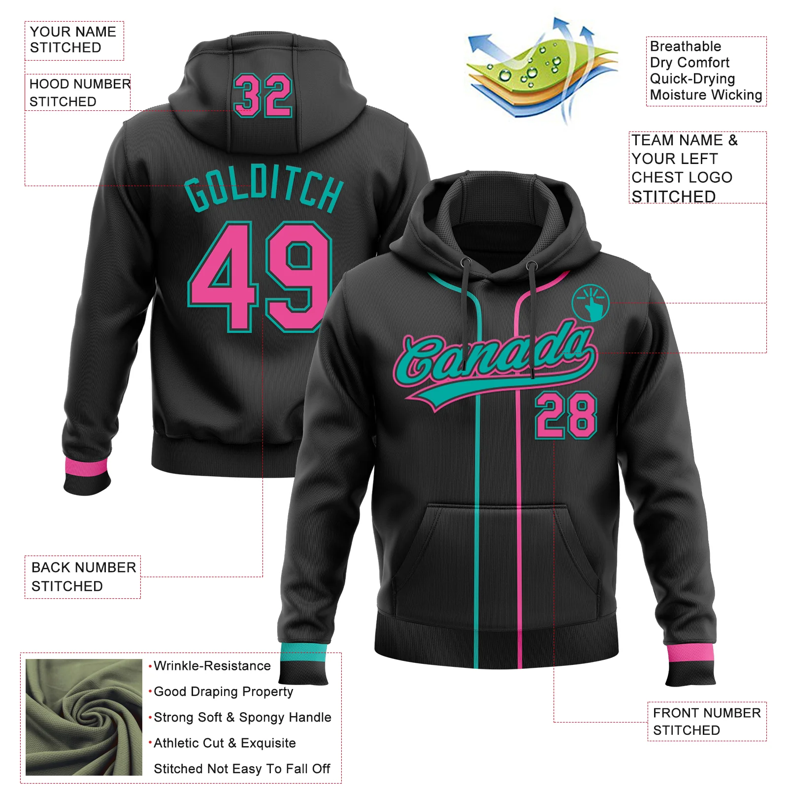 Custom Stitched Black Pink-Aqua Baseball Pullover Sweatshirt Hoodie