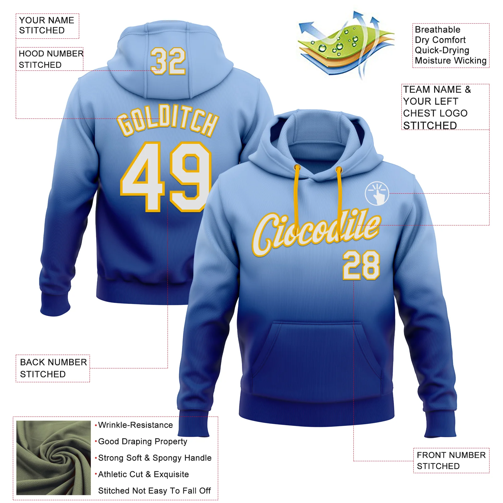 Custom Stitched Light Blue White Royal-Gold Fade Fashion Sports Pullover Sweatshirt Hoodie