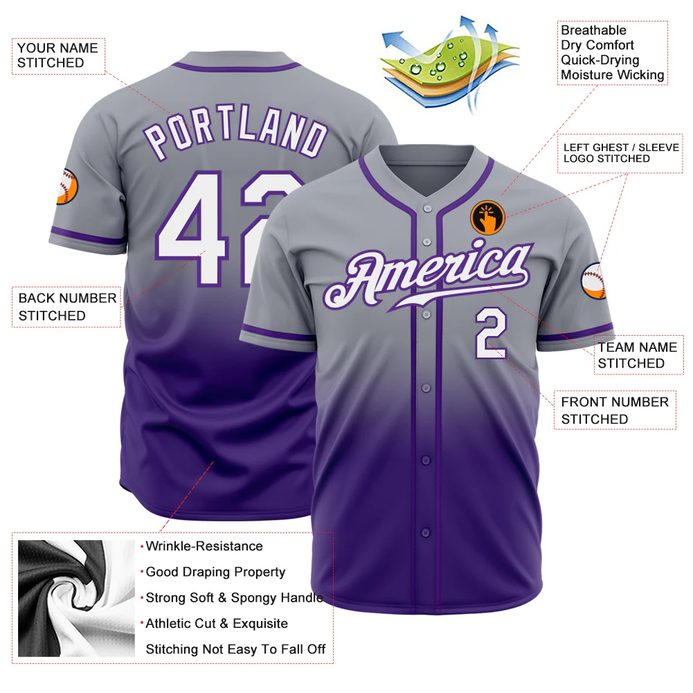 Custom Gray White-Purple Authentic Fade Fashion Baseball Jersey
