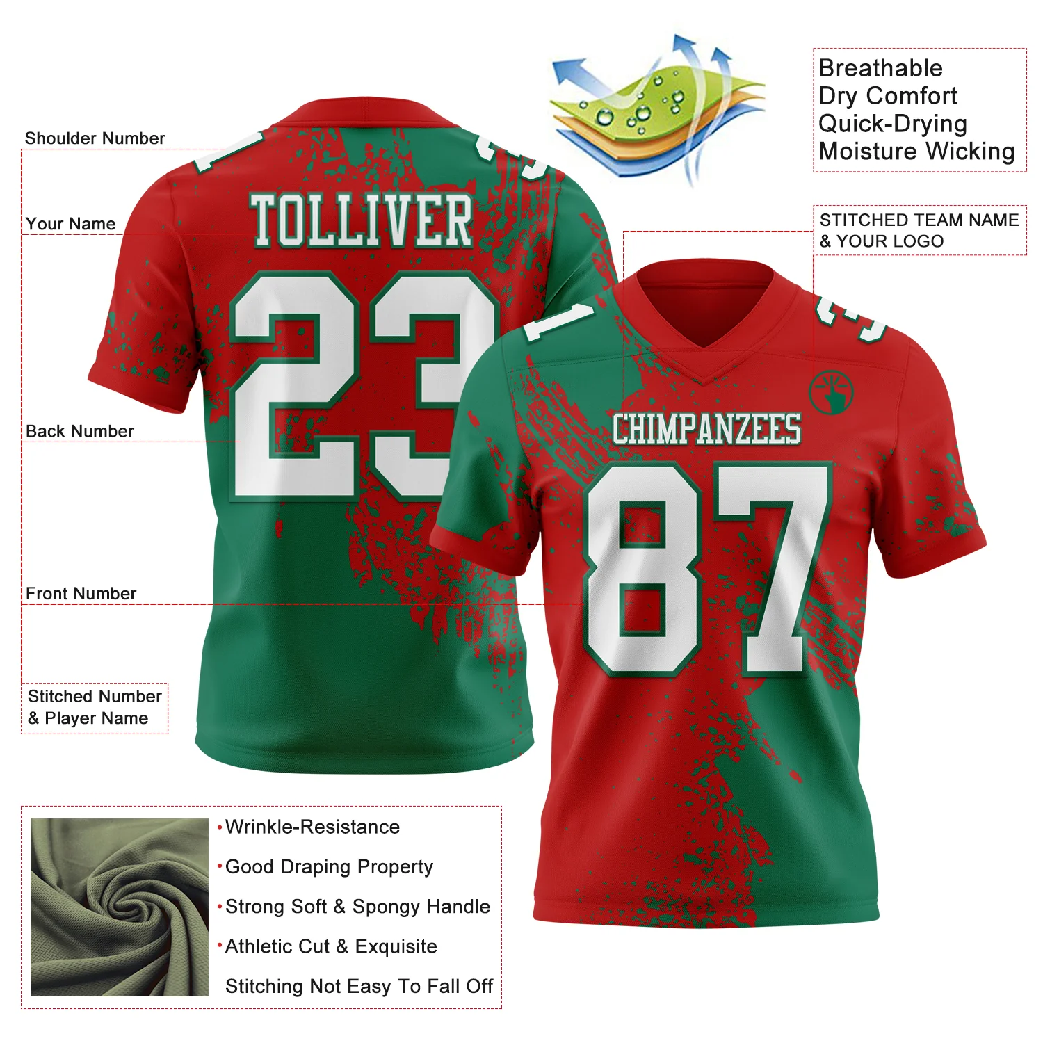 Custom Red White-Kelly Green 3D Pattern Abstract Brush Stroke Authentic Football Jersey