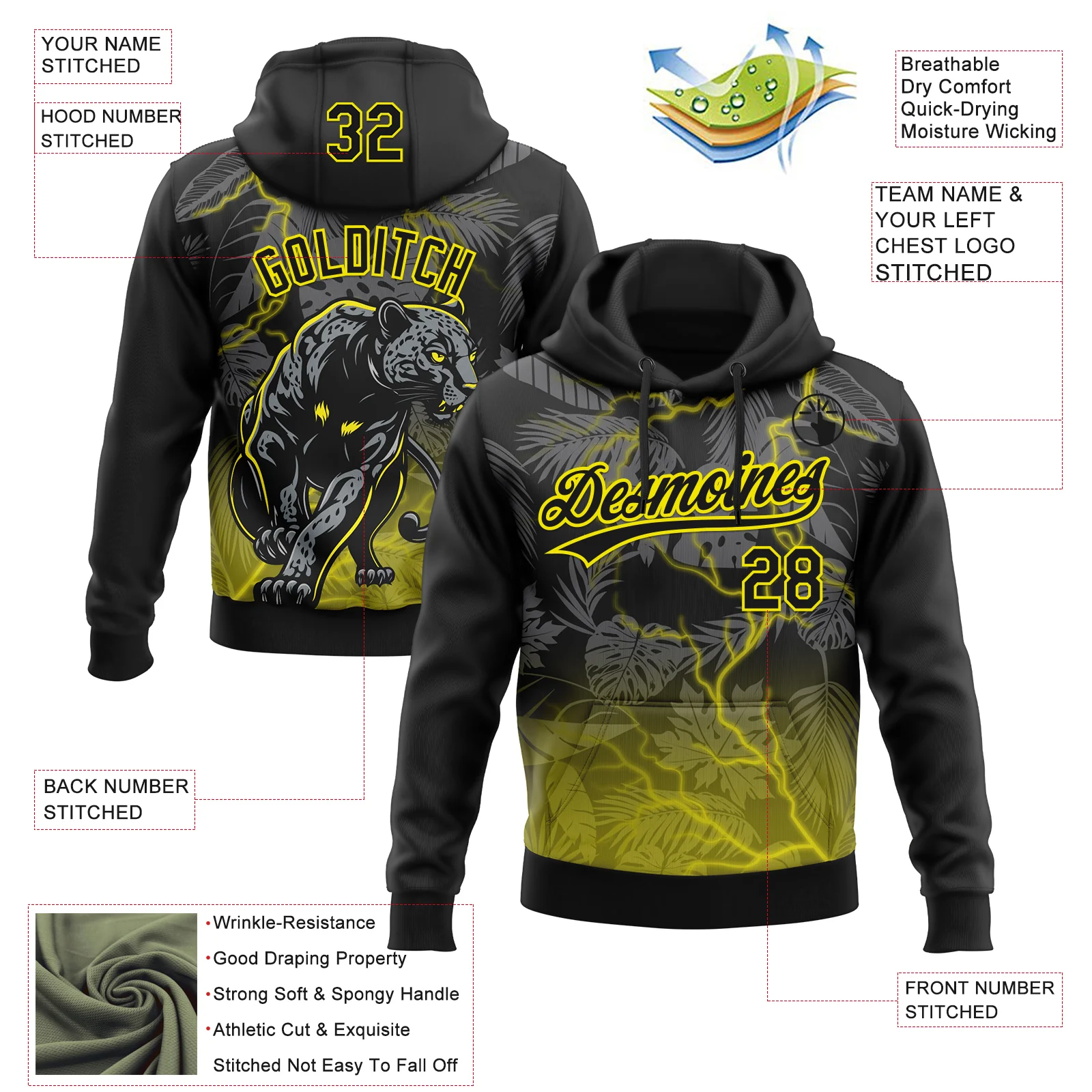 Custom Stitched Black Black-Light Yellow 3D Pattern Design Leopardo Sports Pullover Sweatshirt Hoodie
