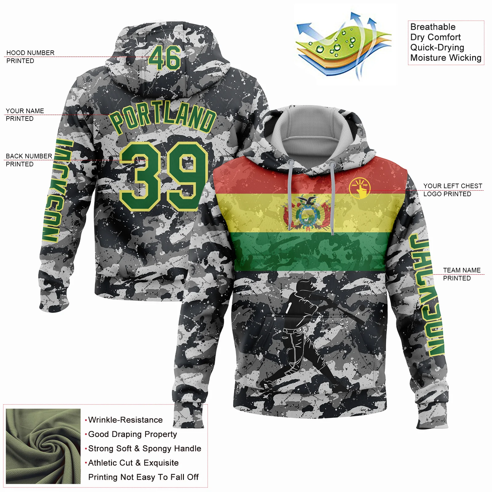 Custom Camo Grass Green-Light Yellow 3D Bolivia Bolivian Flag Sports Pullover Sweatshirt Salute To Service Hoodie