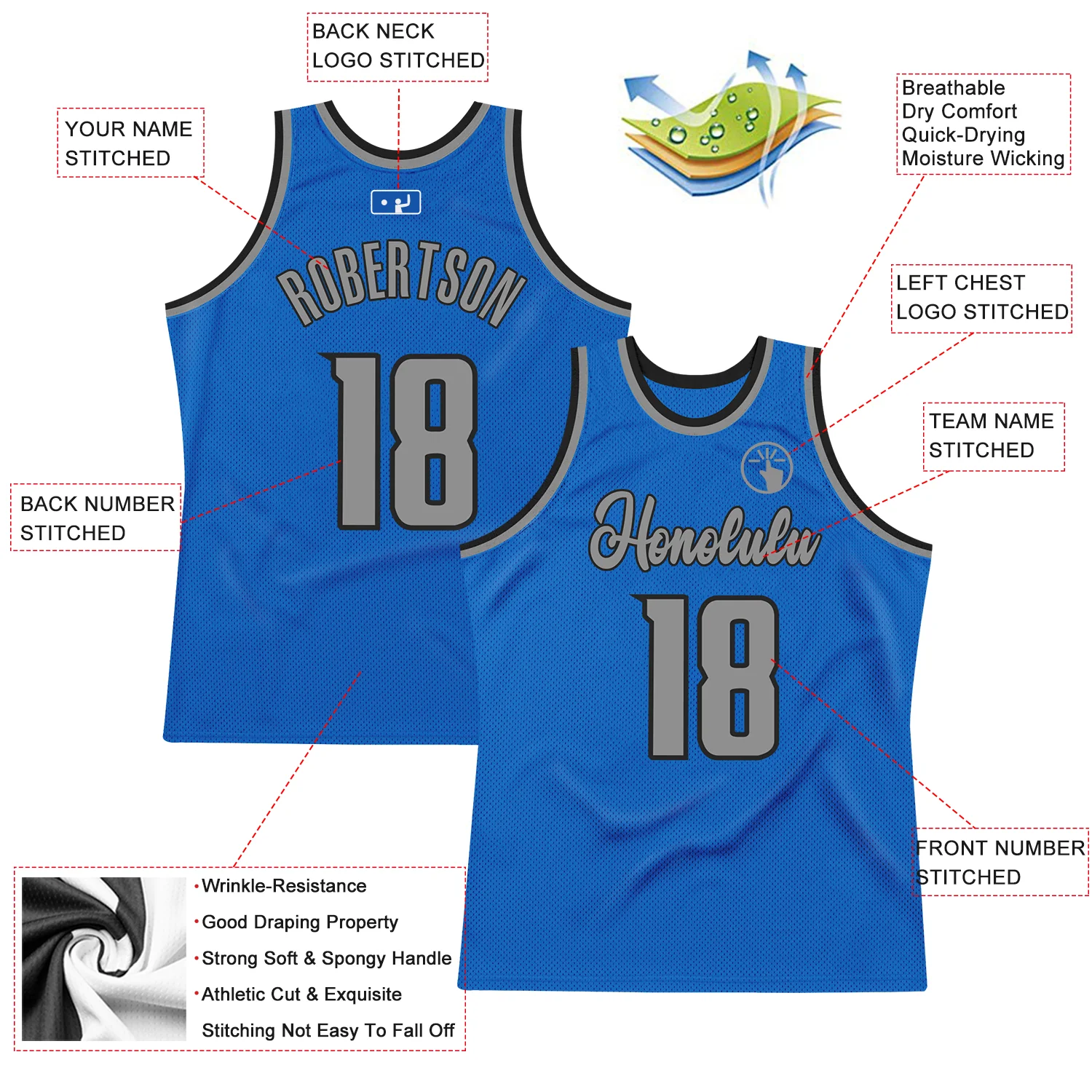 Custom Blue Gray-Black Authentic Throwback Basketball Jersey