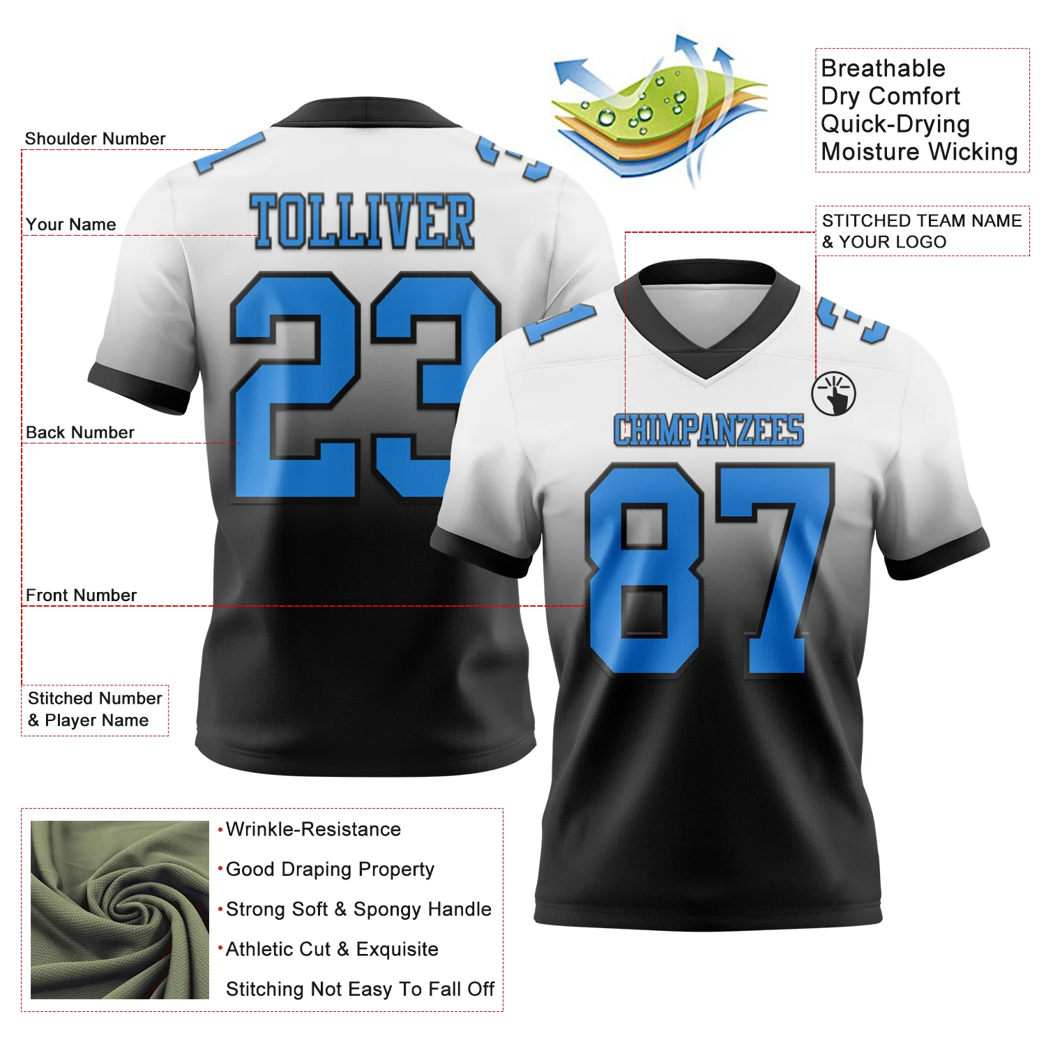 Custom White Powder Blue-Black Authentic Fade Fashion Football Jersey
