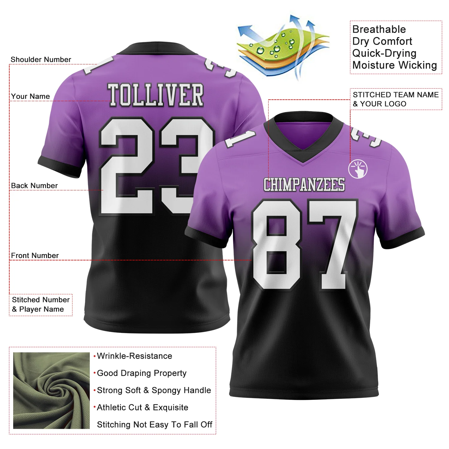 Custom Medium Purple White-Black Authentic Fade Fashion Football Jersey