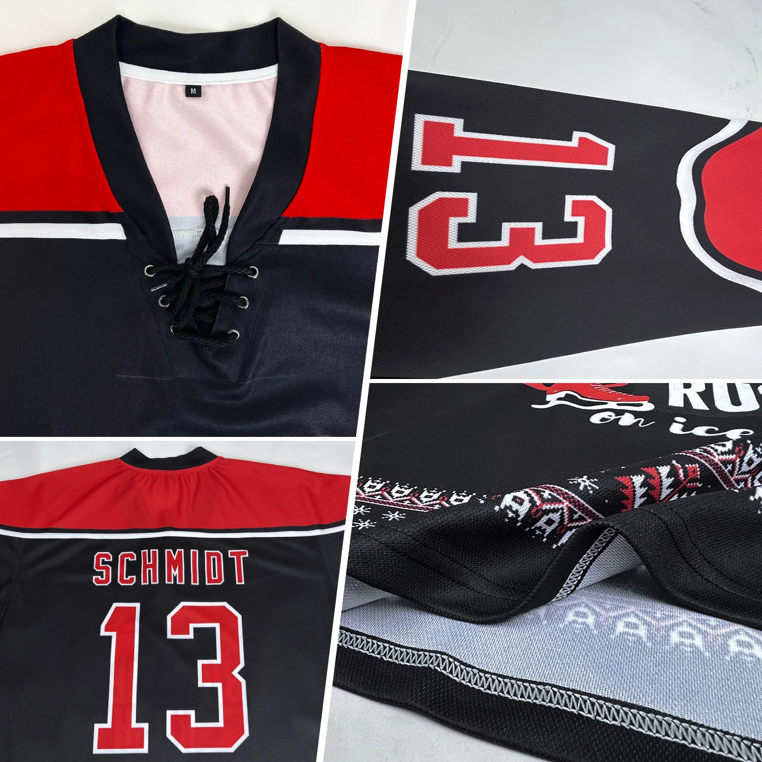 Custom Black Red-White Christmas Santa Claus 3D Hockey Lace Neck Jersey
