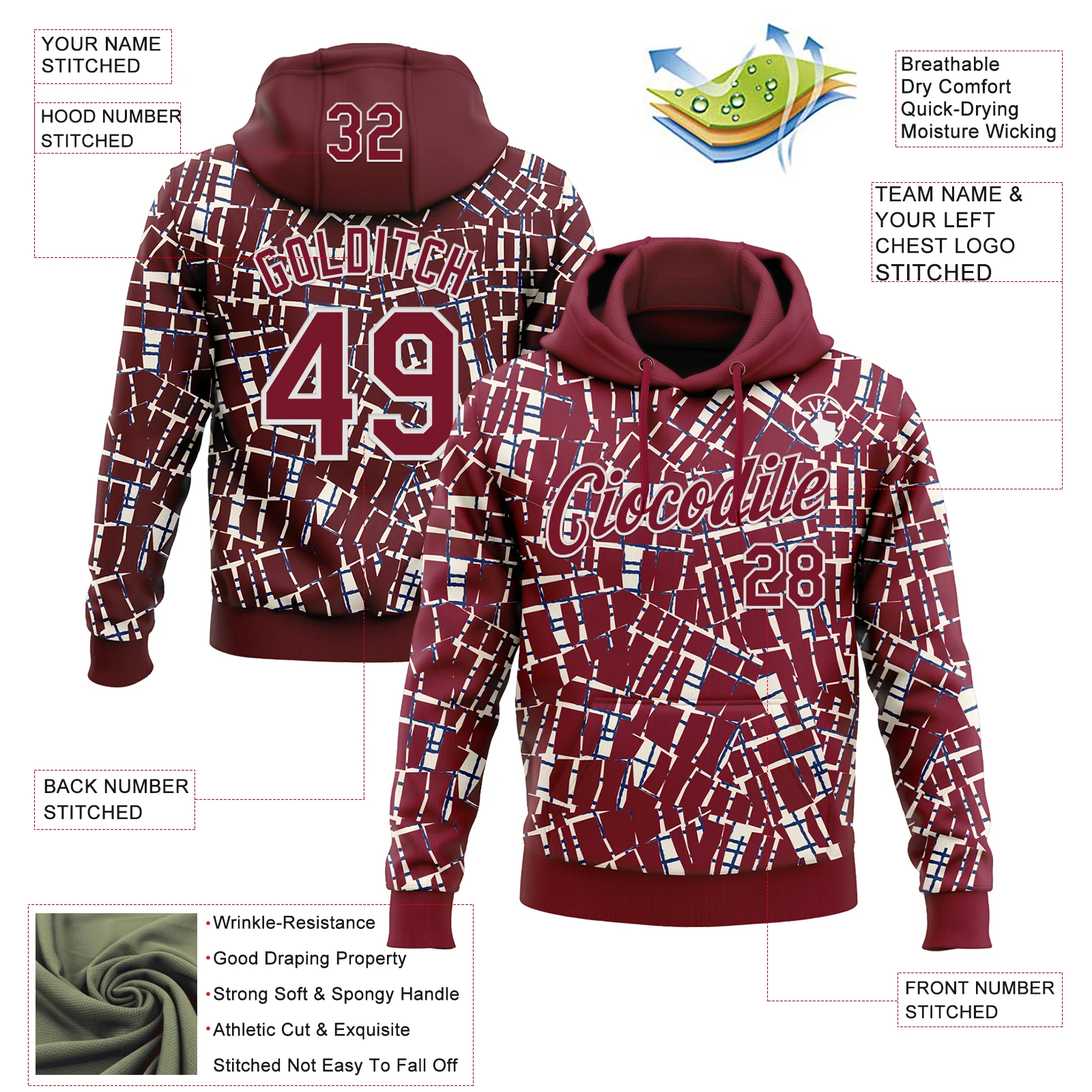 Custom Stitched Crimson White 3D Pattern Design Line Sports Pullover Sweatshirt Hoodie