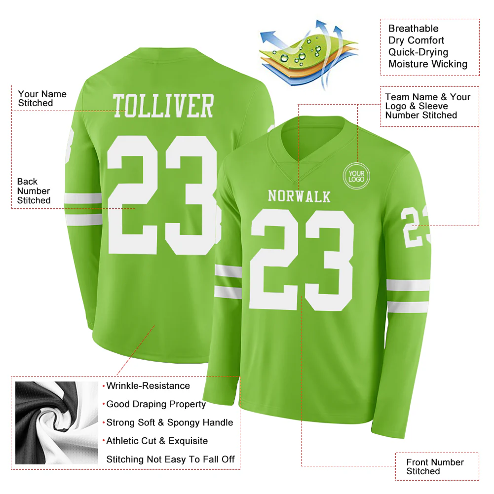 Custom Neon Green White Long Sleeve Authentic Football Jersey