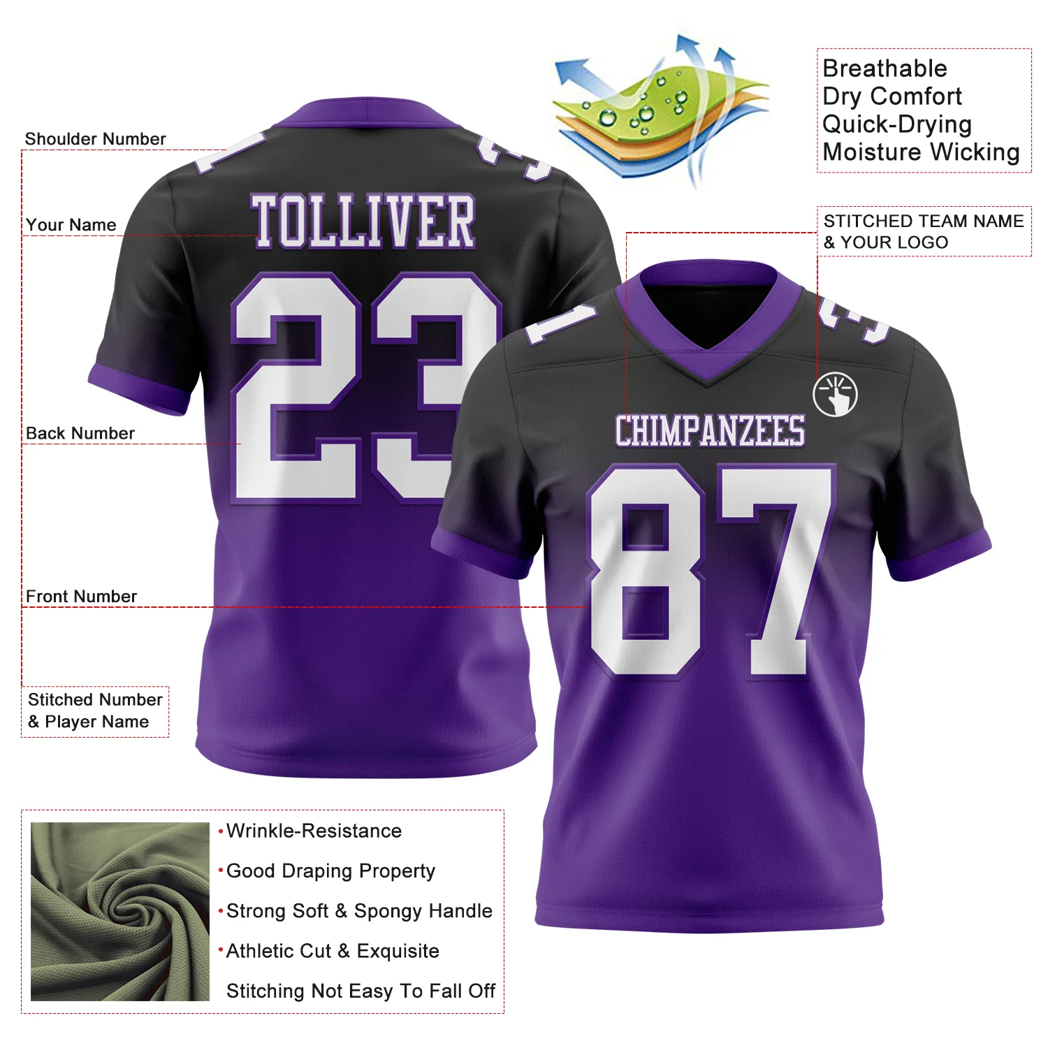 Custom Black White-Purple Authentic Fade Fashion Football Jersey