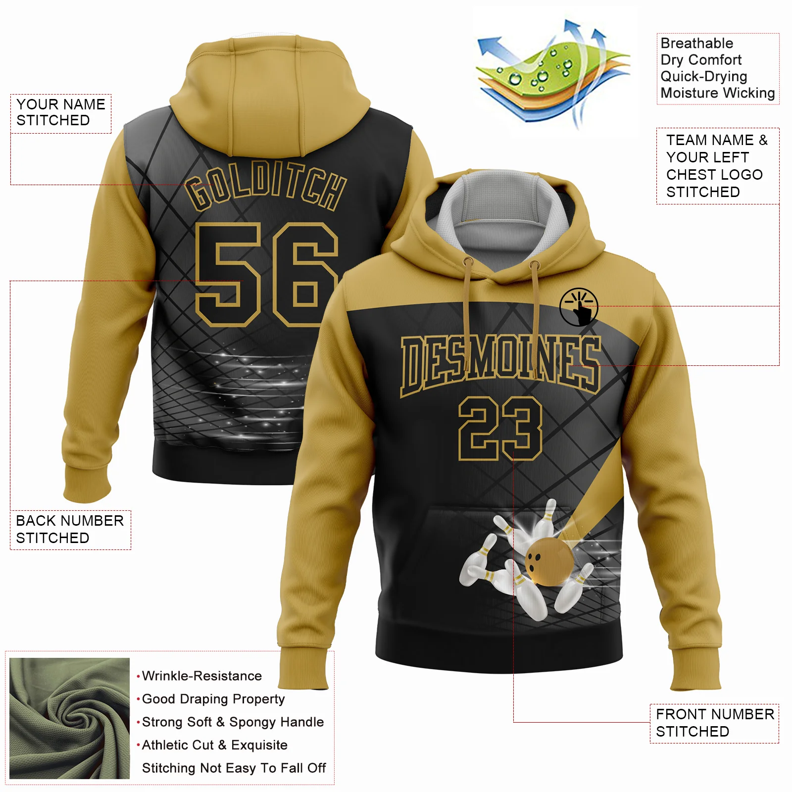 Custom Black Old Gold 3D Bowling Sports Pullover Sweatshirt Hoodie