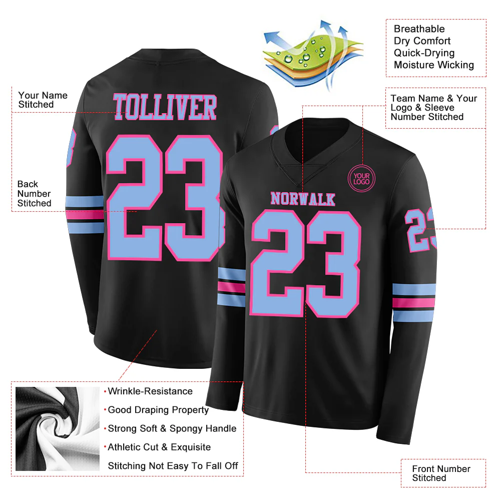 Custom Black Light Blue-Pink Long Sleeve Authentic Football Jersey