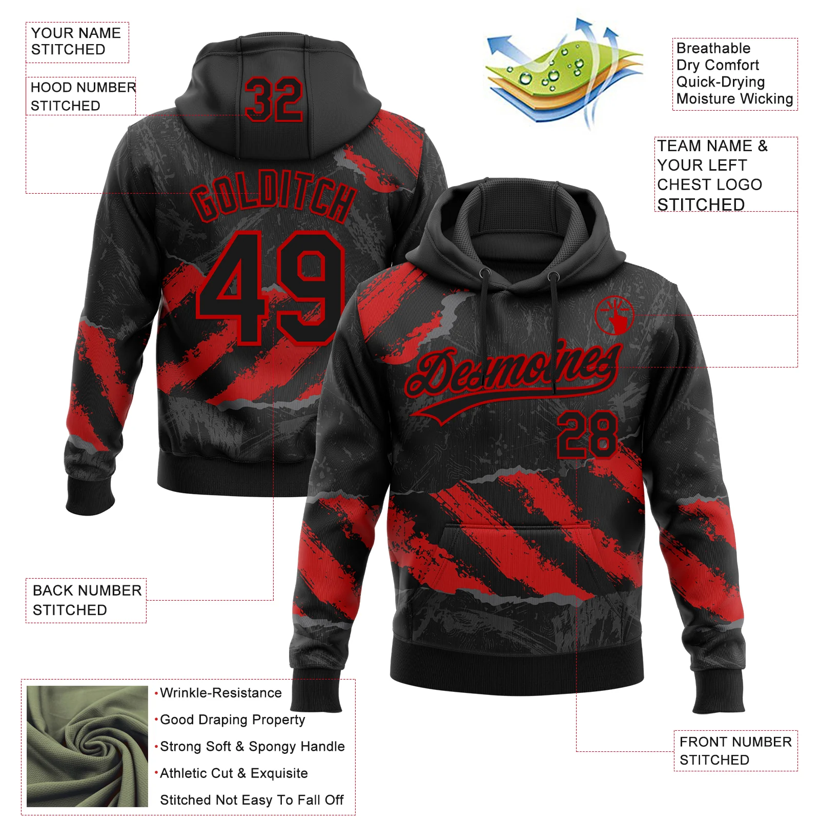 Custom Stitched Black Red-Steel Gray 3D Pattern Design Splash Sports Pullover Sweatshirt Hoodie