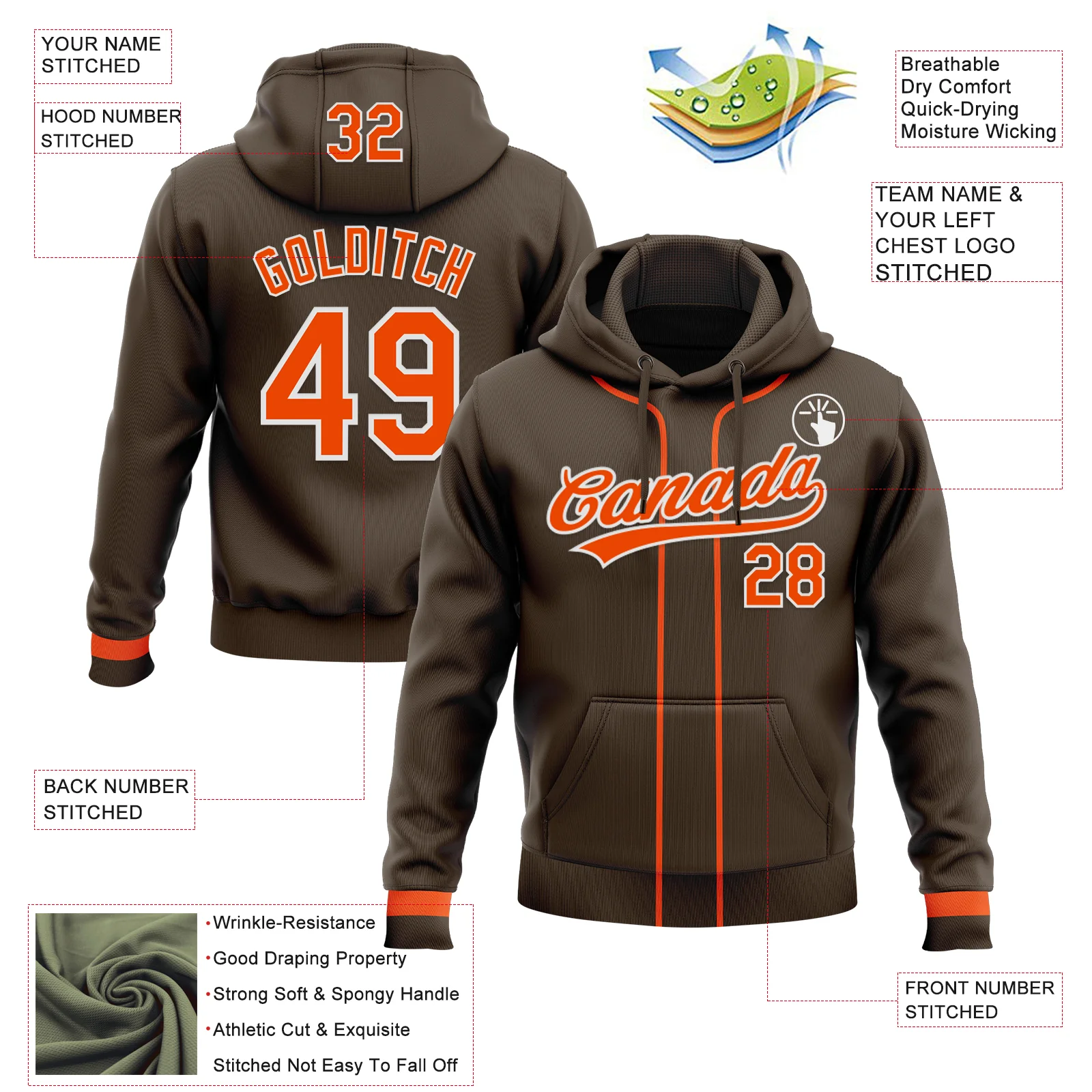 Custom Stitched Brown Orange-White Baseball Pullover Sweatshirt Hoodie