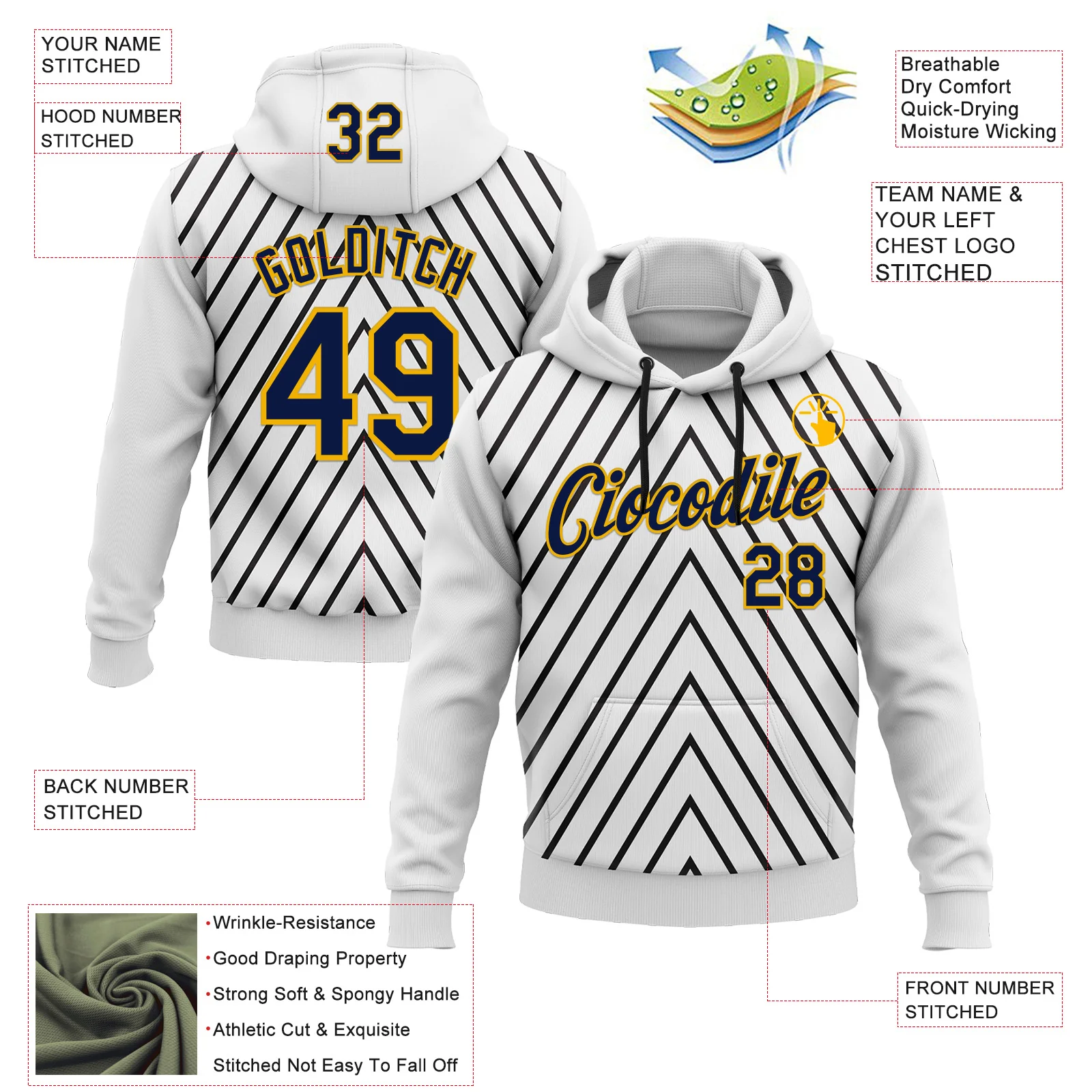 Custom Stitched White Navy Black-Gold 3D Pattern Design Sportswear Pullover Sweatshirt Hoodie