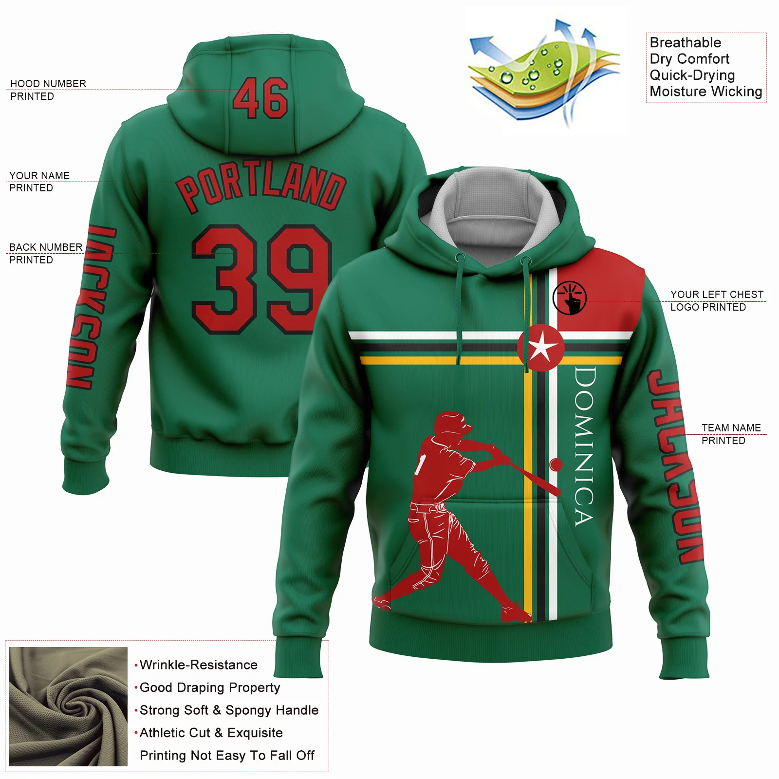 Custom Kelly Green Red Gold-Black 3D Dominic Dominican Flag Sports Pullover Sweatshirt Hoodie